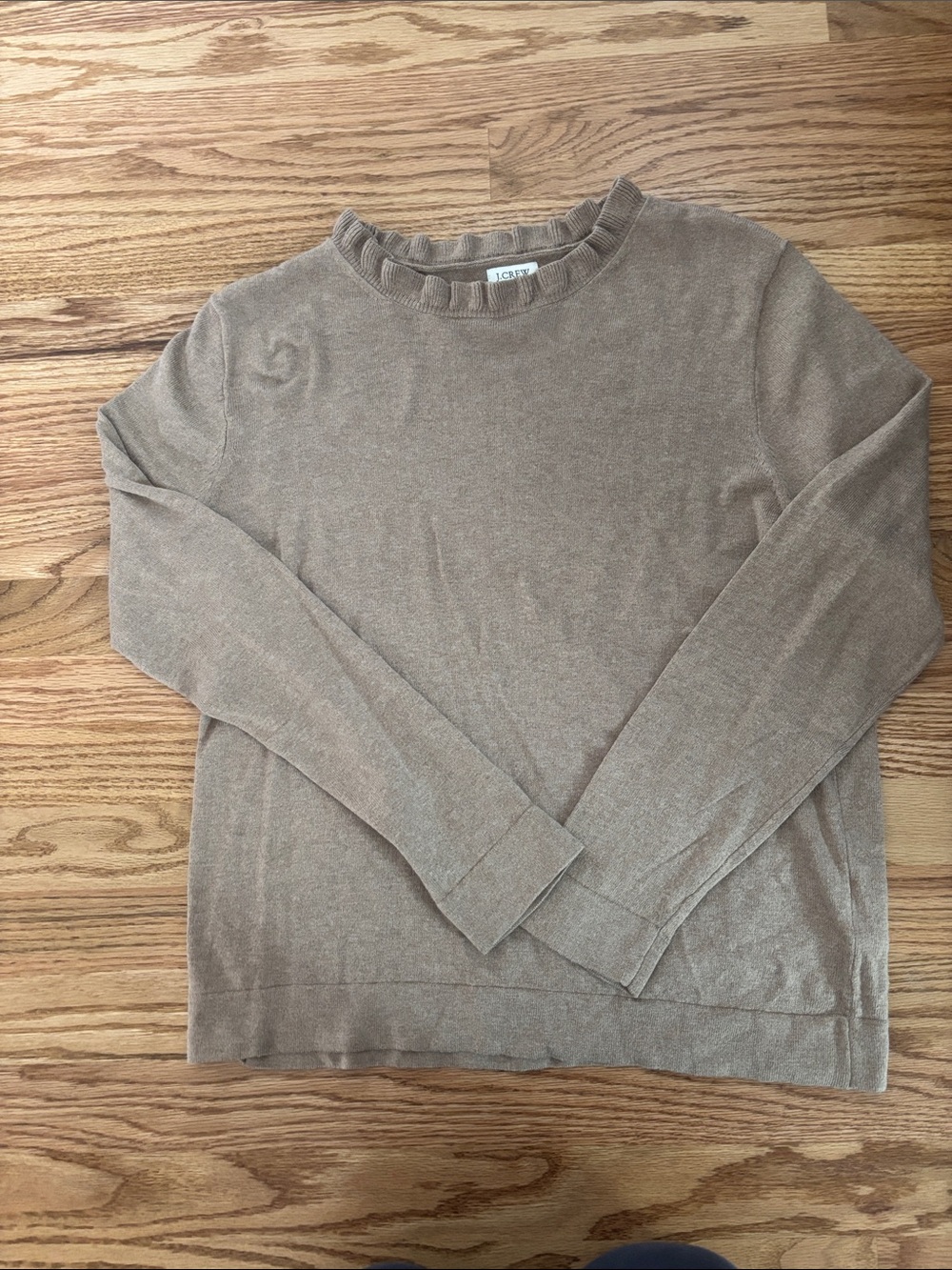 J. Crew Lightweight Crewneck Sweater in Taupe Brown with scalloped collar